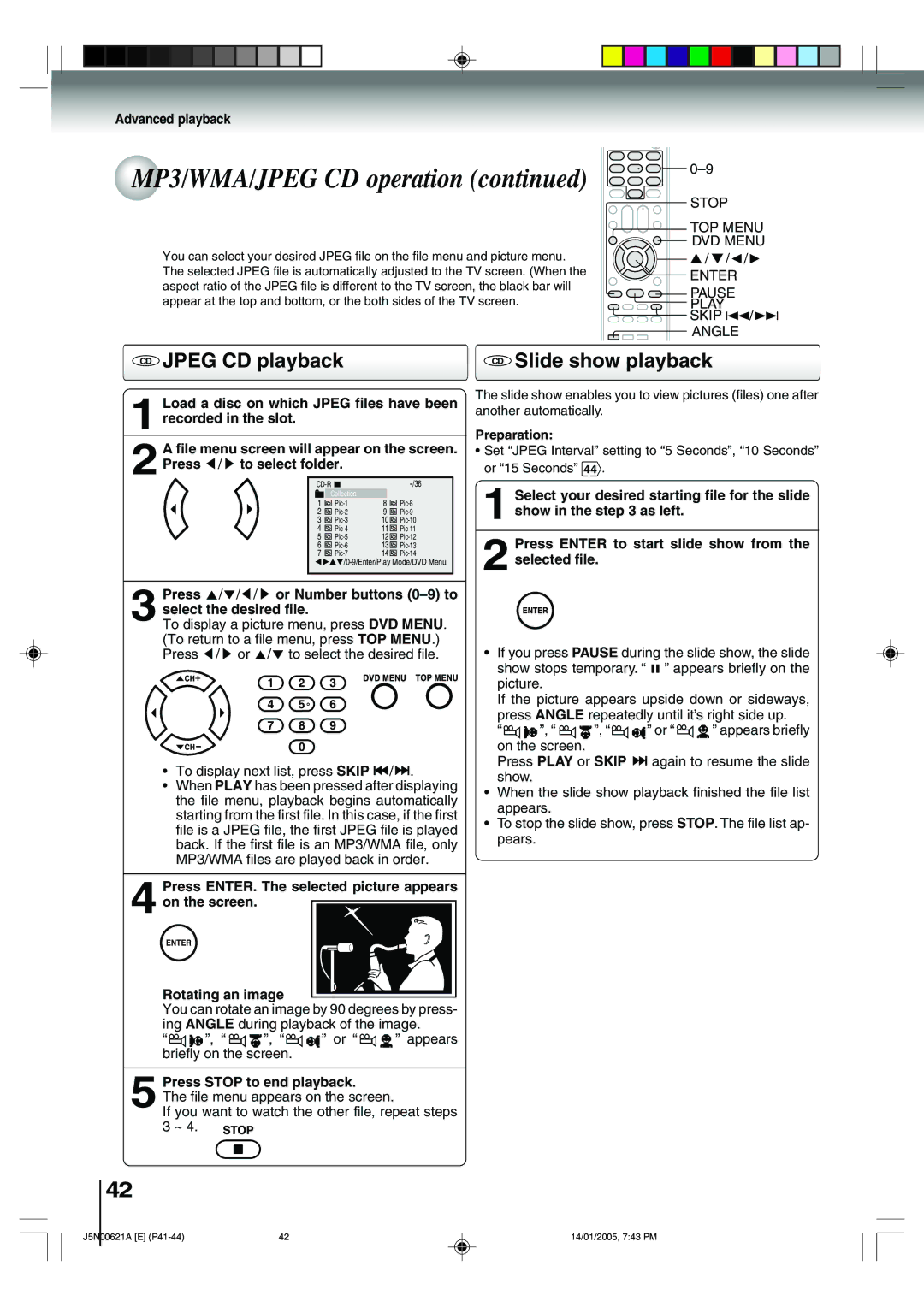 Toshiba 14DLV75 CD Jpeg CD playback, CD Slide show playback, Stop TOP Menu DVD Menu Enter Pause Play, Preparation 