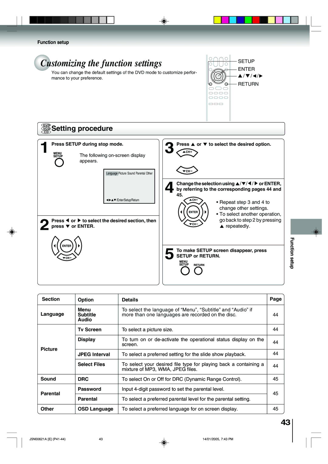 Toshiba 14DLV75 owner manual Customizing the function settings, VCD Setting procedure, Function setup, Drc 