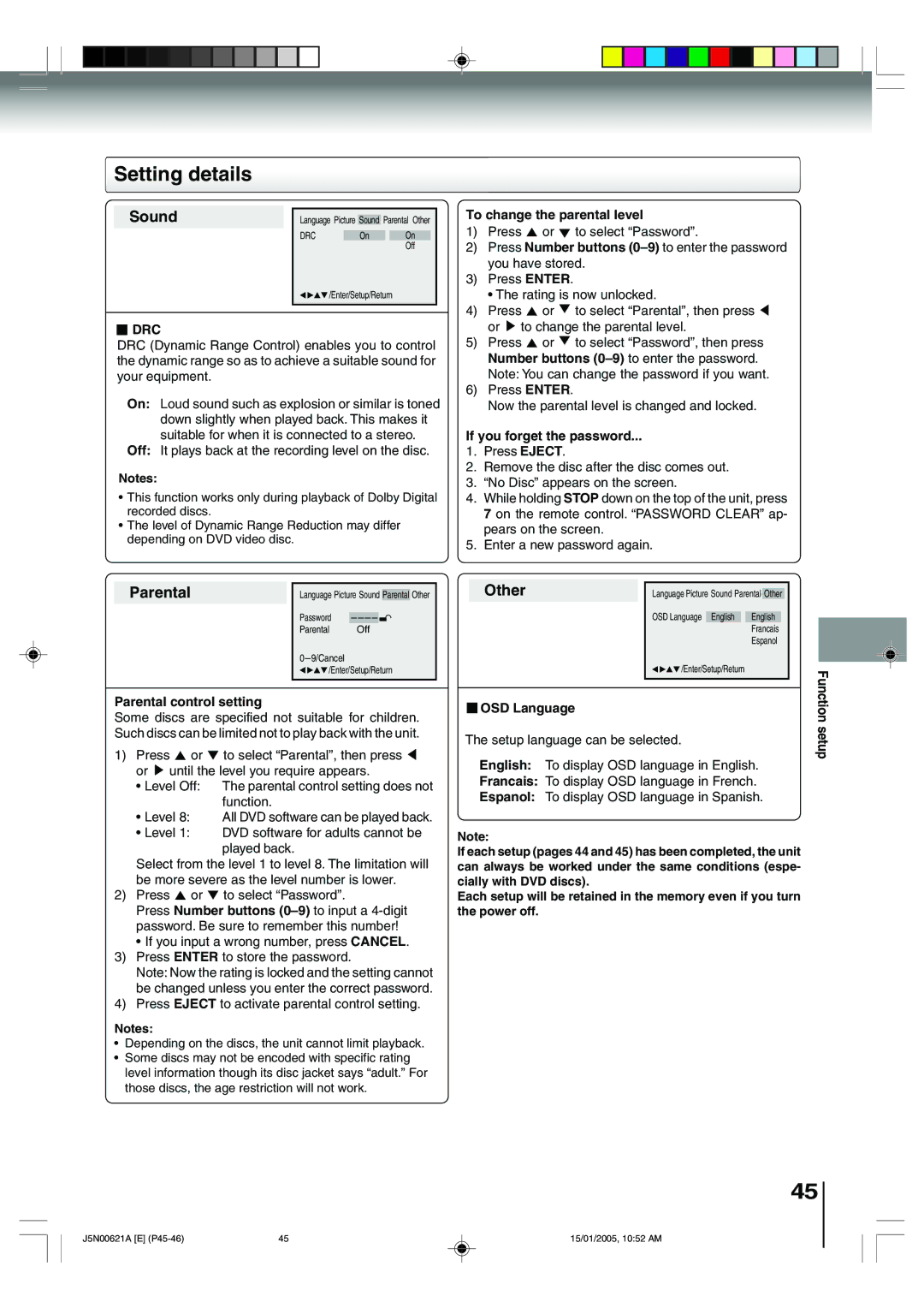 Toshiba 14DLV75 Drc, To change the parental level, If you forget the password, Parental control setting, OSD Language 