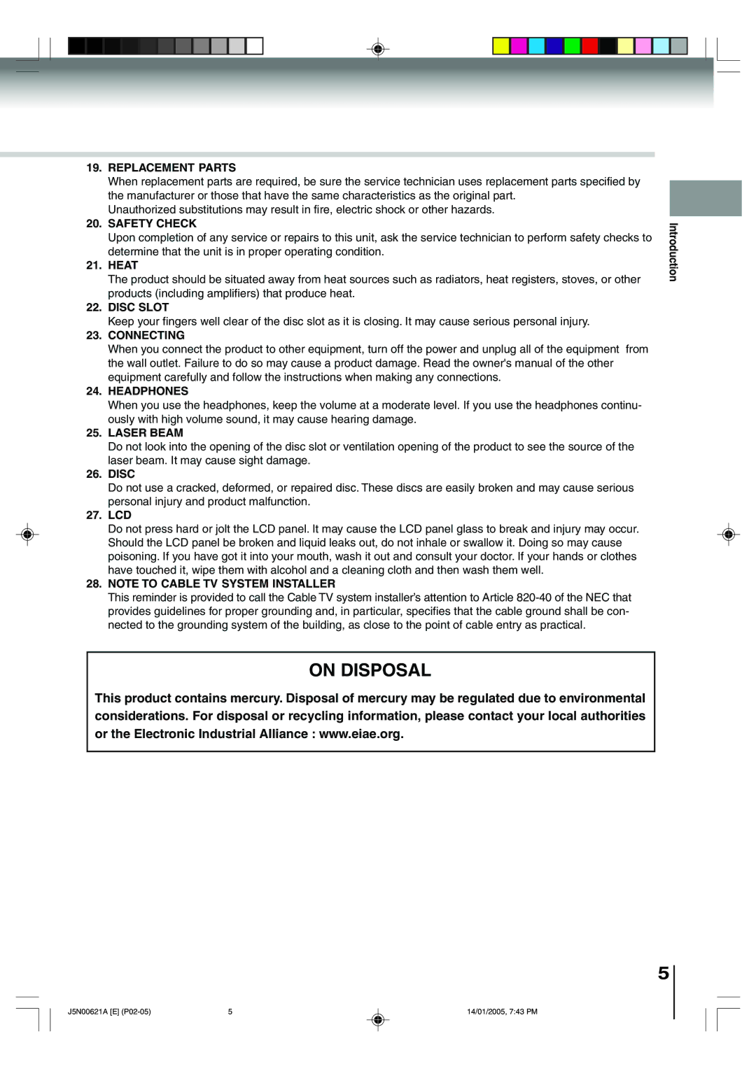 Toshiba 14DLV75 owner manual Replacement Parts, Safety Check, Disc Slot, Connecting Headphones, Laser Beam 