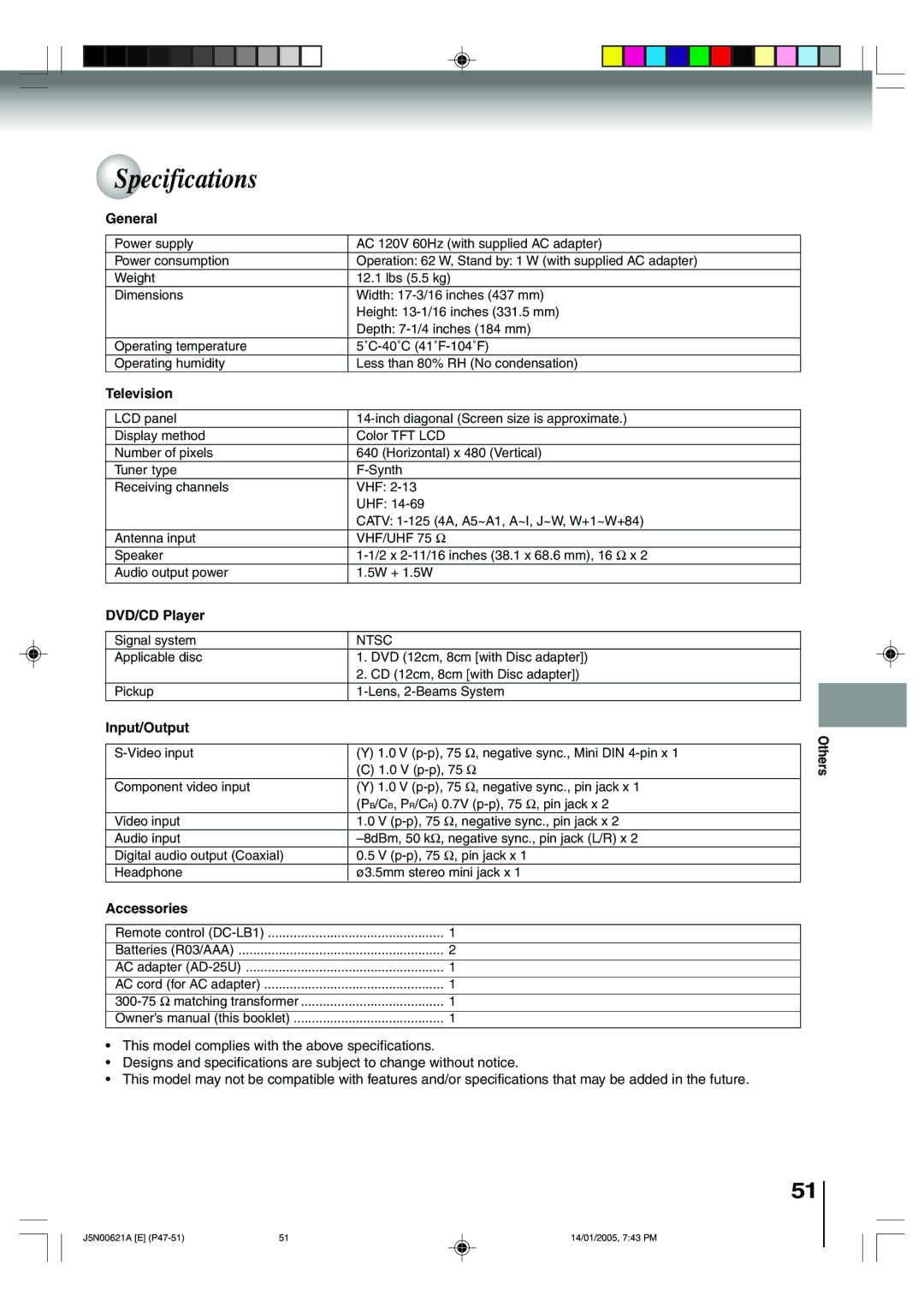 Toshiba 14DLV75 owner manual Specifications 