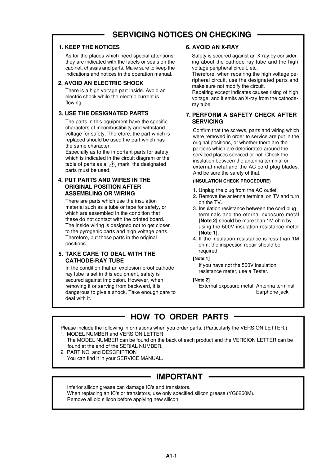 Toshiba 14N21NS service manual Servicing Notices on Checking, HOW to Order Parts, A1-1, Insulation Check Procedure 