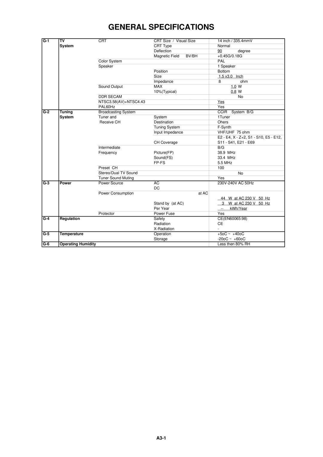 Toshiba 14N21NS service manual General Specifications 