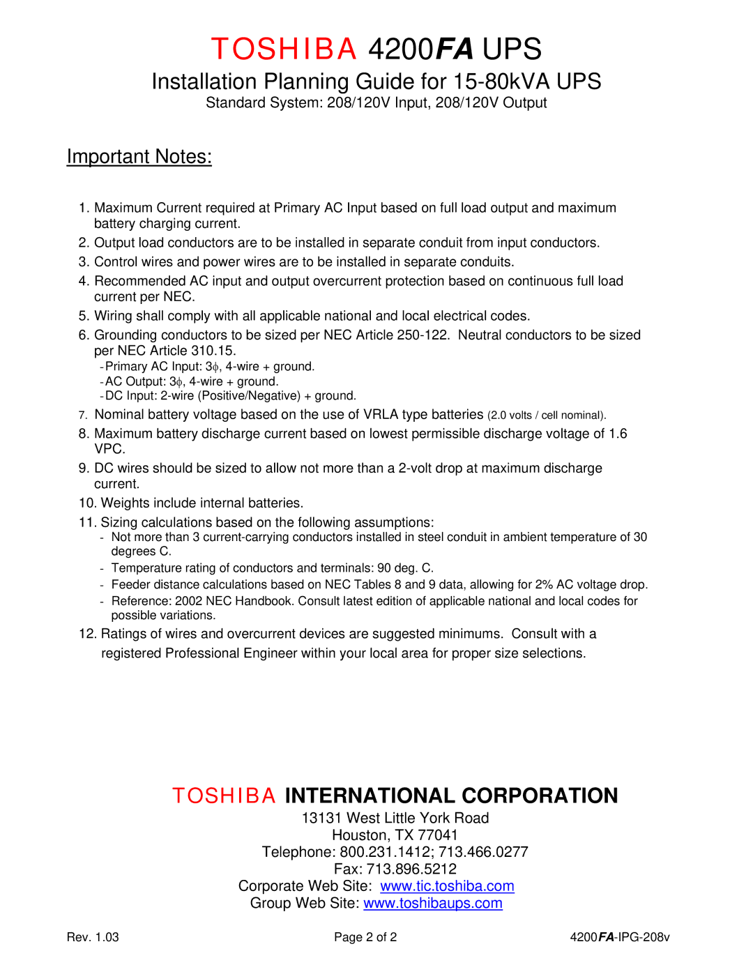 Toshiba 15-80KVA dimensions Important Notes 