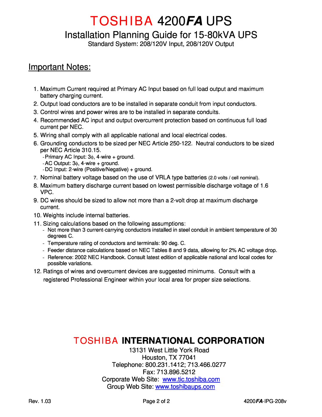 Toshiba 15-80KVA West Little York Road Houston, TX Telephone 800.231.1412 Fax, TOSHIBA 4200FA UPS, Important Notes 