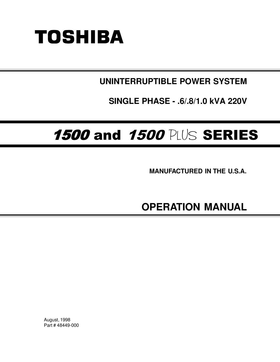 Toshiba 1500 Plus manual Plus Series 