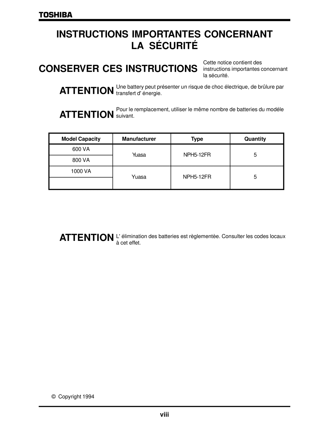 Toshiba 1500 Plus manual Instructions Importantes Concernant LA Sécurité, Viii 