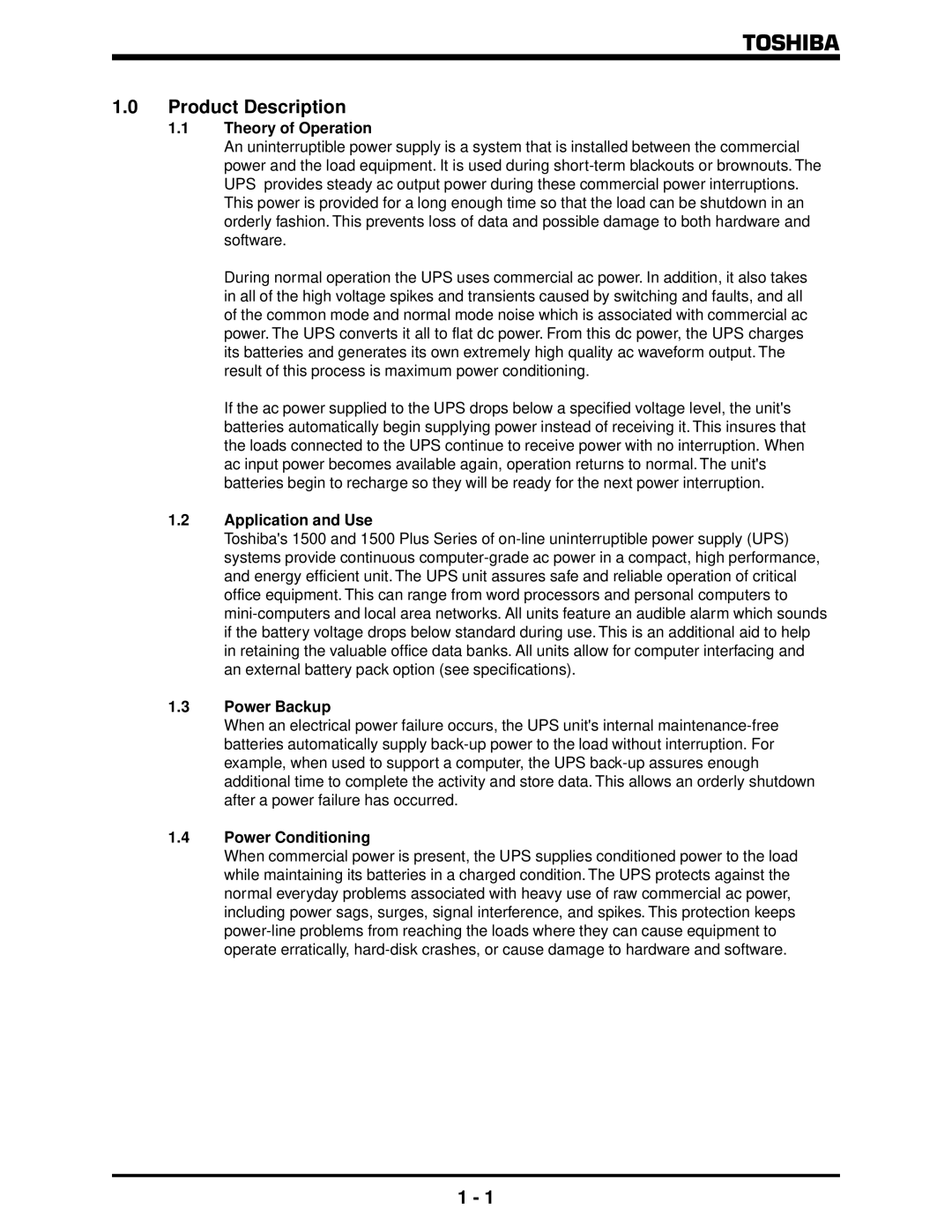 Toshiba 1500 Plus manual Theory of Operation, Application and Use, Power Backup, Power Conditioning 