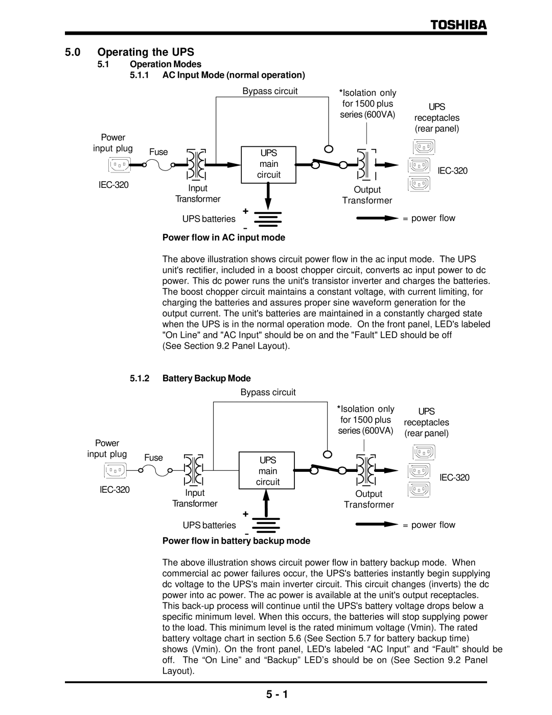 Toshiba 1500 Plus manual Operation Modes AC Input Mode normal operation, Power flow in AC input mode, Battery Backup Mode 