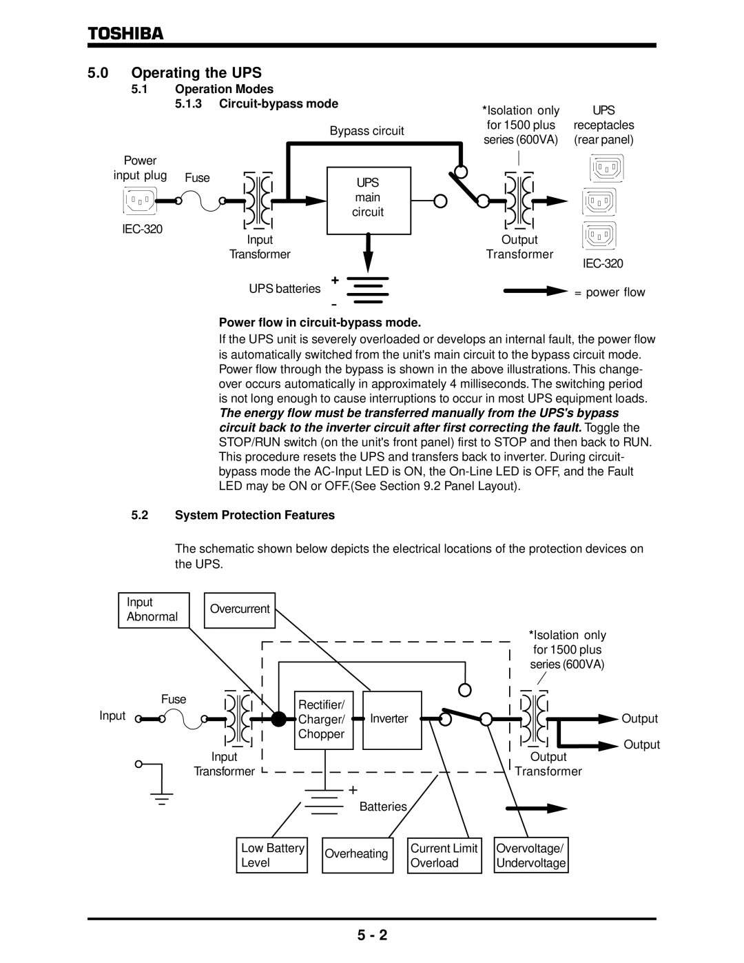 Toshiba 1500 Plus manual Operation Modes Circuit-bypass mode, Power flow in circuit-bypass mode, System Protection Features 