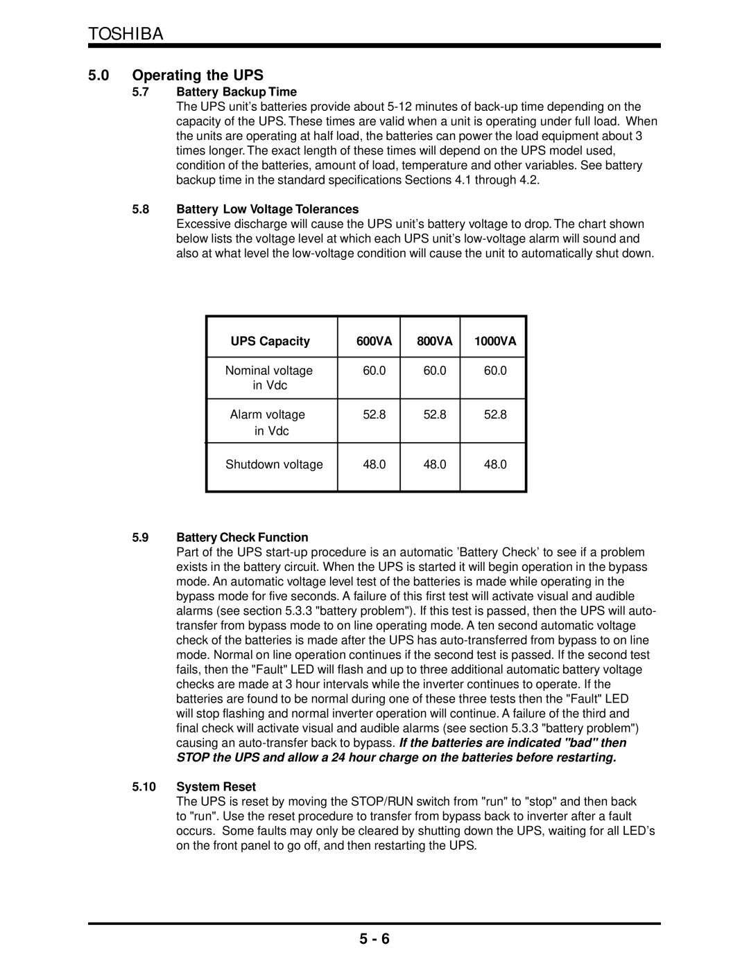 Toshiba 1500 Plus manual Battery Backup Time, Battery Low Voltage Tolerances, UPS Capacity 600VA 800VA 1000VA, System Reset 