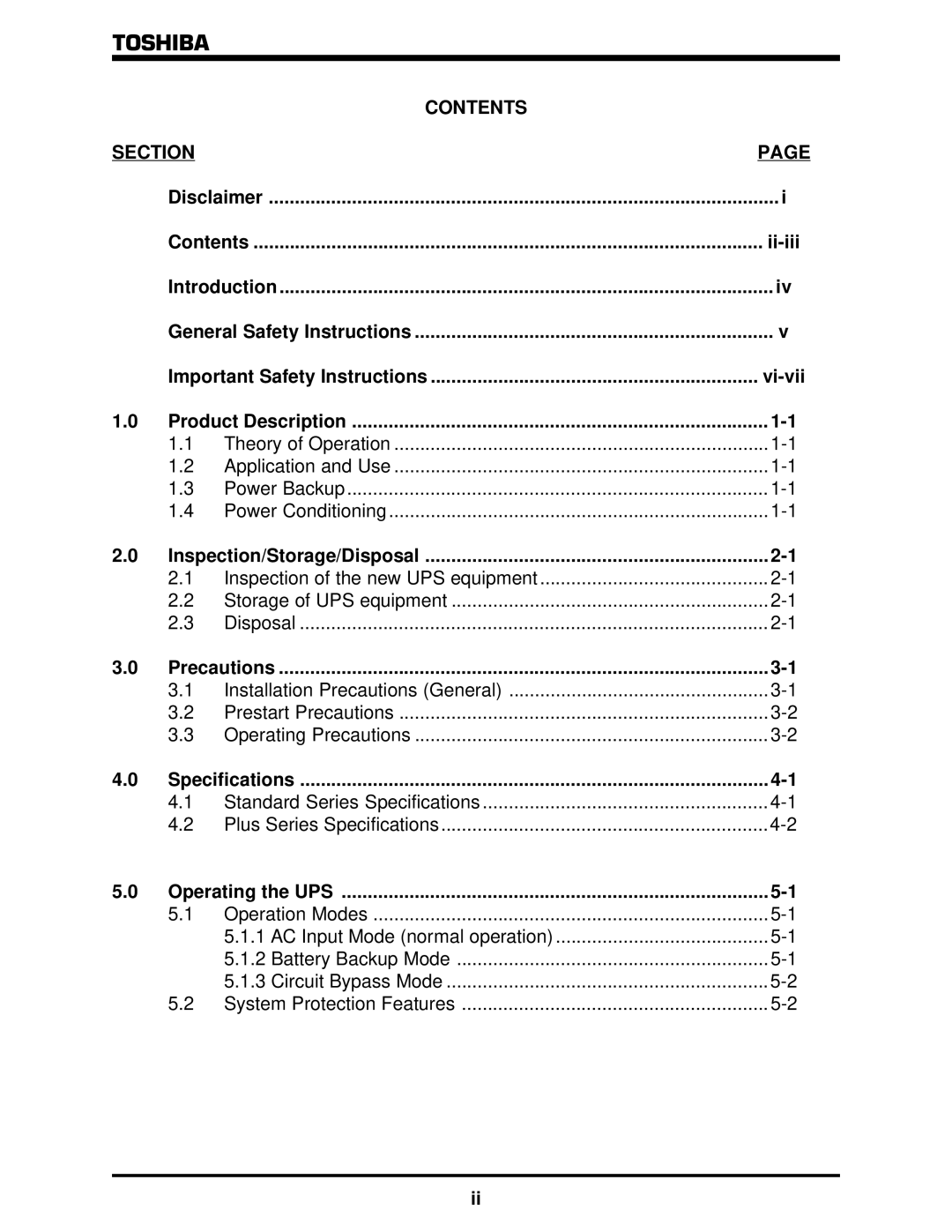 Toshiba 1500 Plus manual Contents Section 