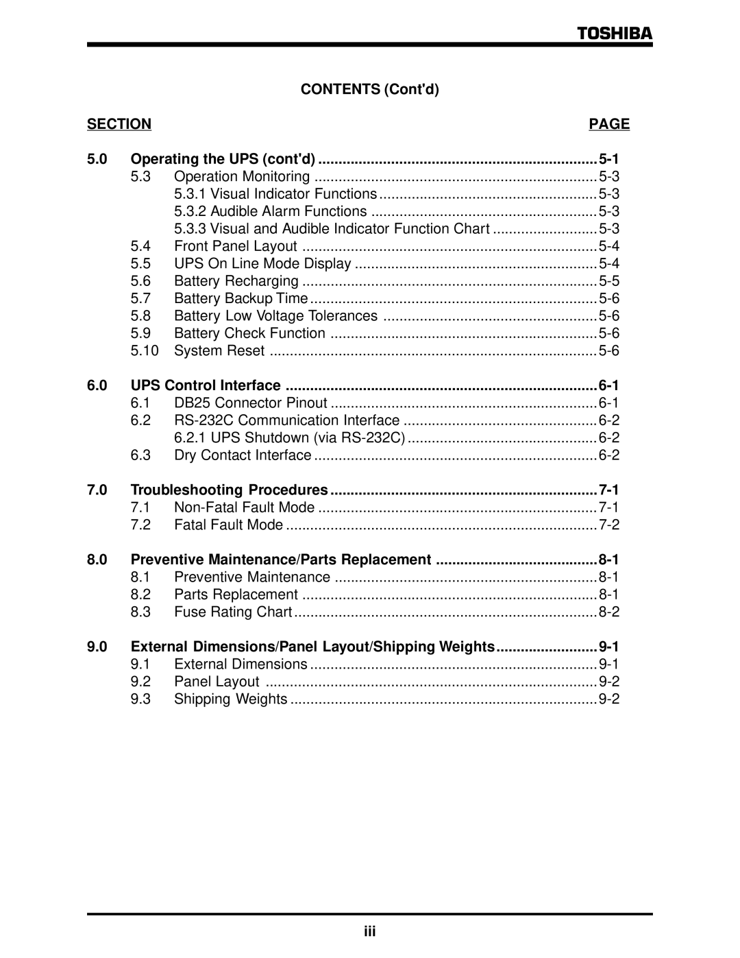 Toshiba 1500 Plus manual Contents Contd, Operating the UPS contd, UPS Control Interface, Troubleshooting Procedures, Iii 