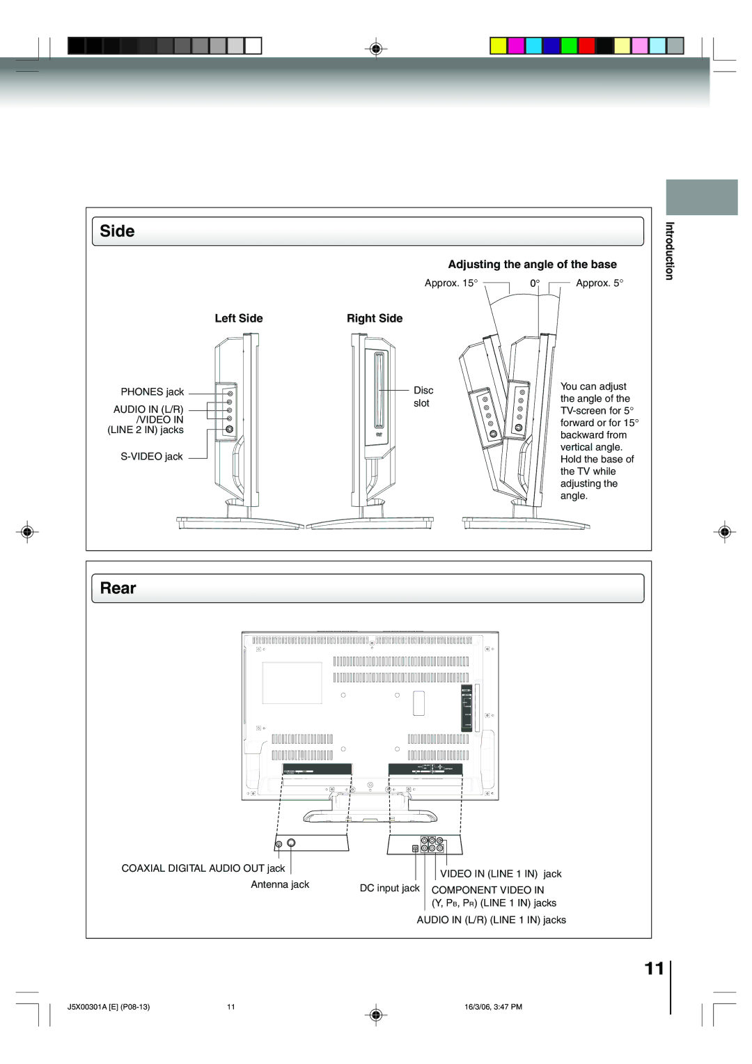 Toshiba 15DLV16 owner manual Rear, Adjusting the angle of the base, Left Side Right Side 