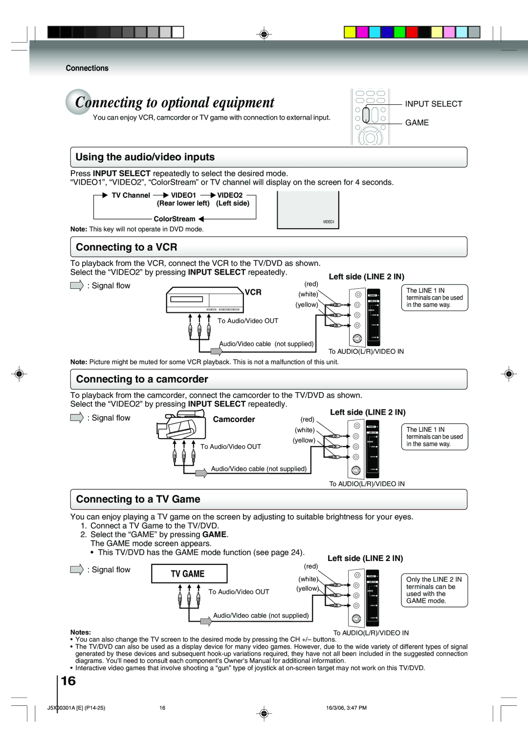 Toshiba 15DLV16 owner manual Connecting to optional equipment, Left side Line 2, Vcr, Camcorder, VIDEO1 VIDEO2 