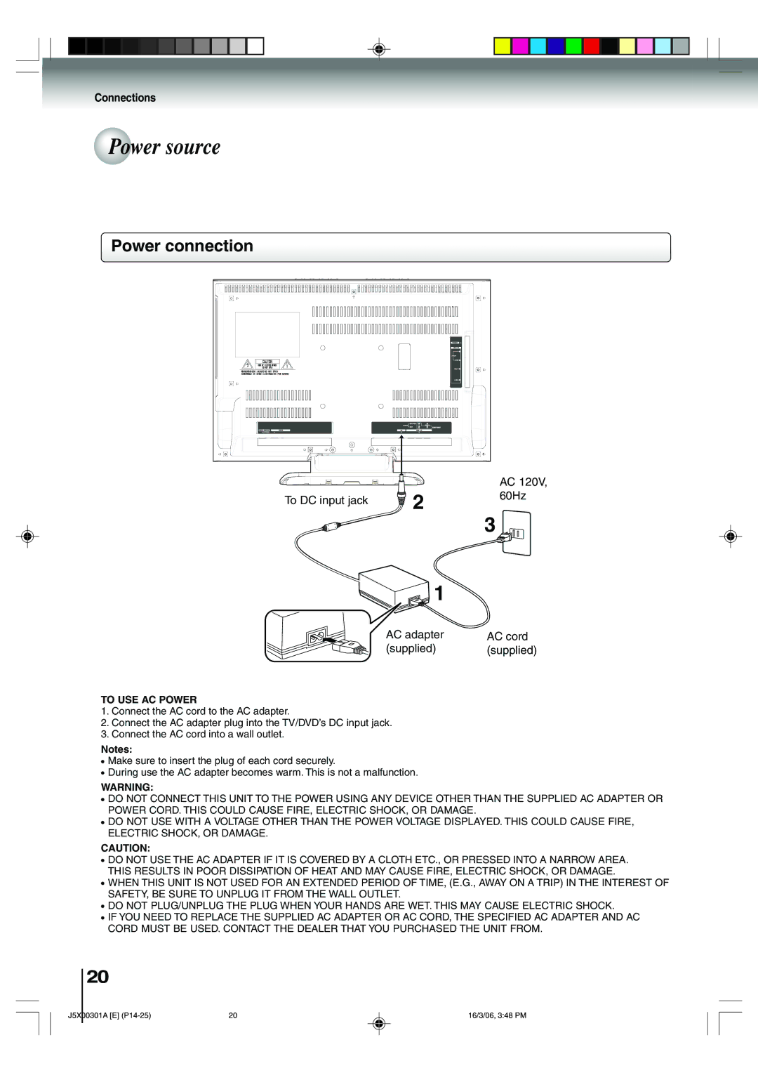 Toshiba 15DLV16 owner manual Power source, Power connection, To USE AC Power 