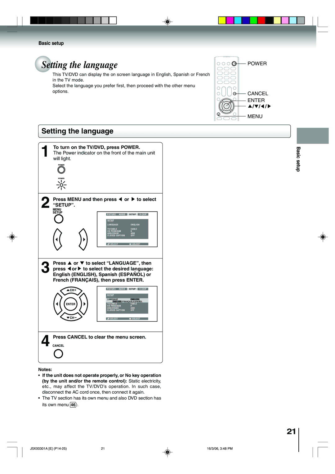 Toshiba 15DLV16 owner manual Setting the language, Basic setup 