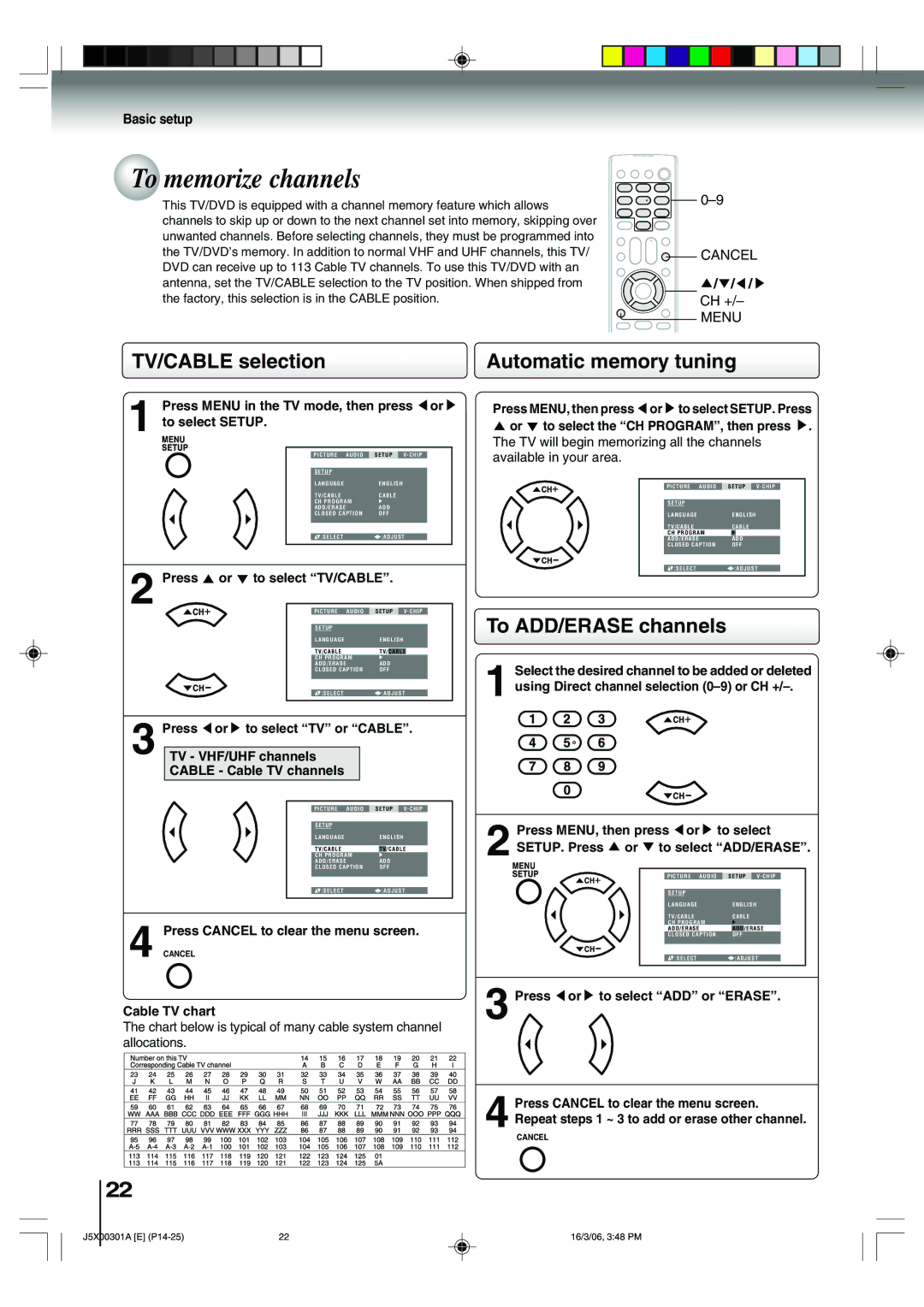 Toshiba 15DLV16 owner manual To memorize channels, TV/CABLE selection, Automatic memory tuning, To ADD/ERASE channels 