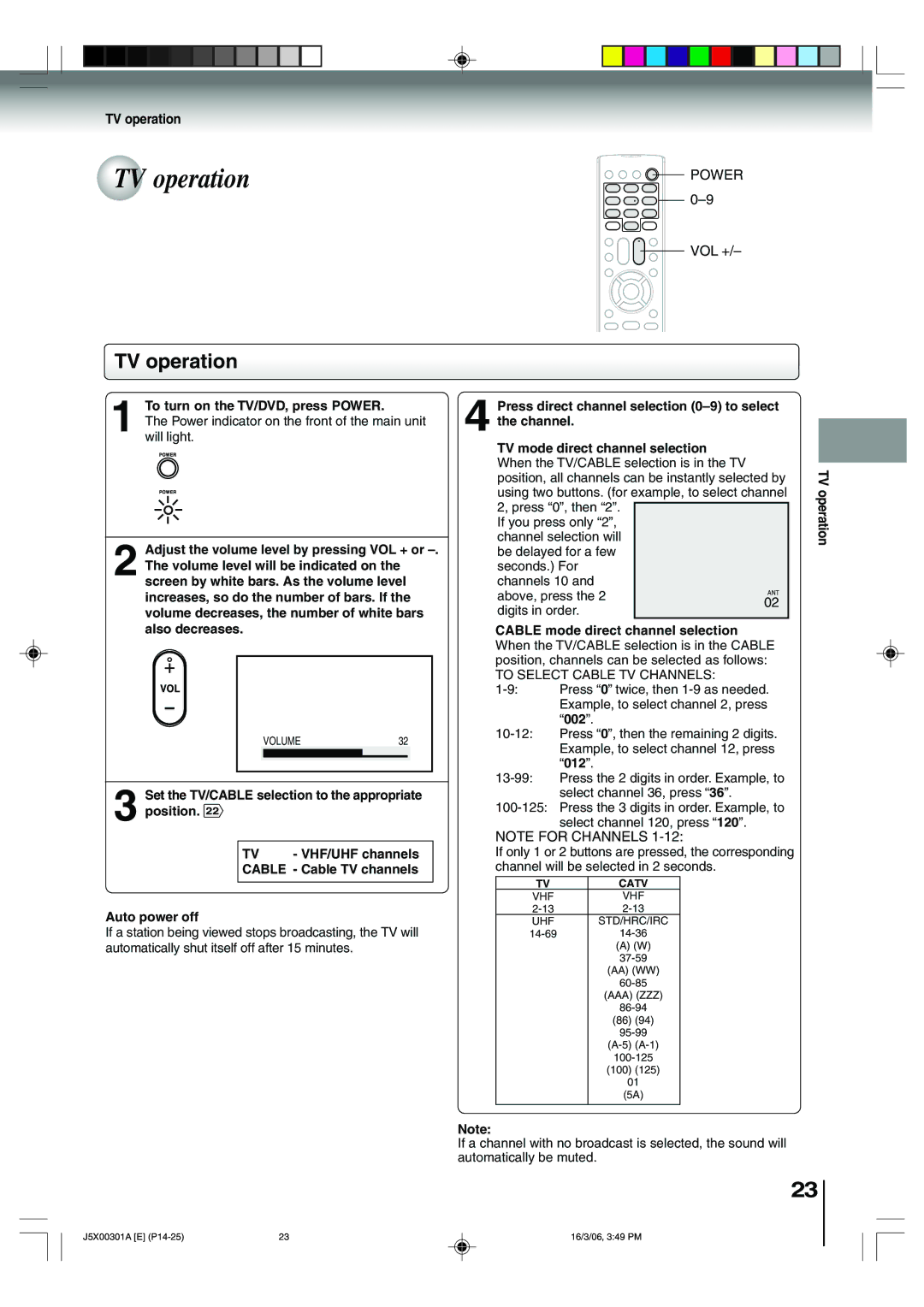 Toshiba 15DLV16 owner manual TV operation, Set the TV/CABLE selection to the appropriate position 