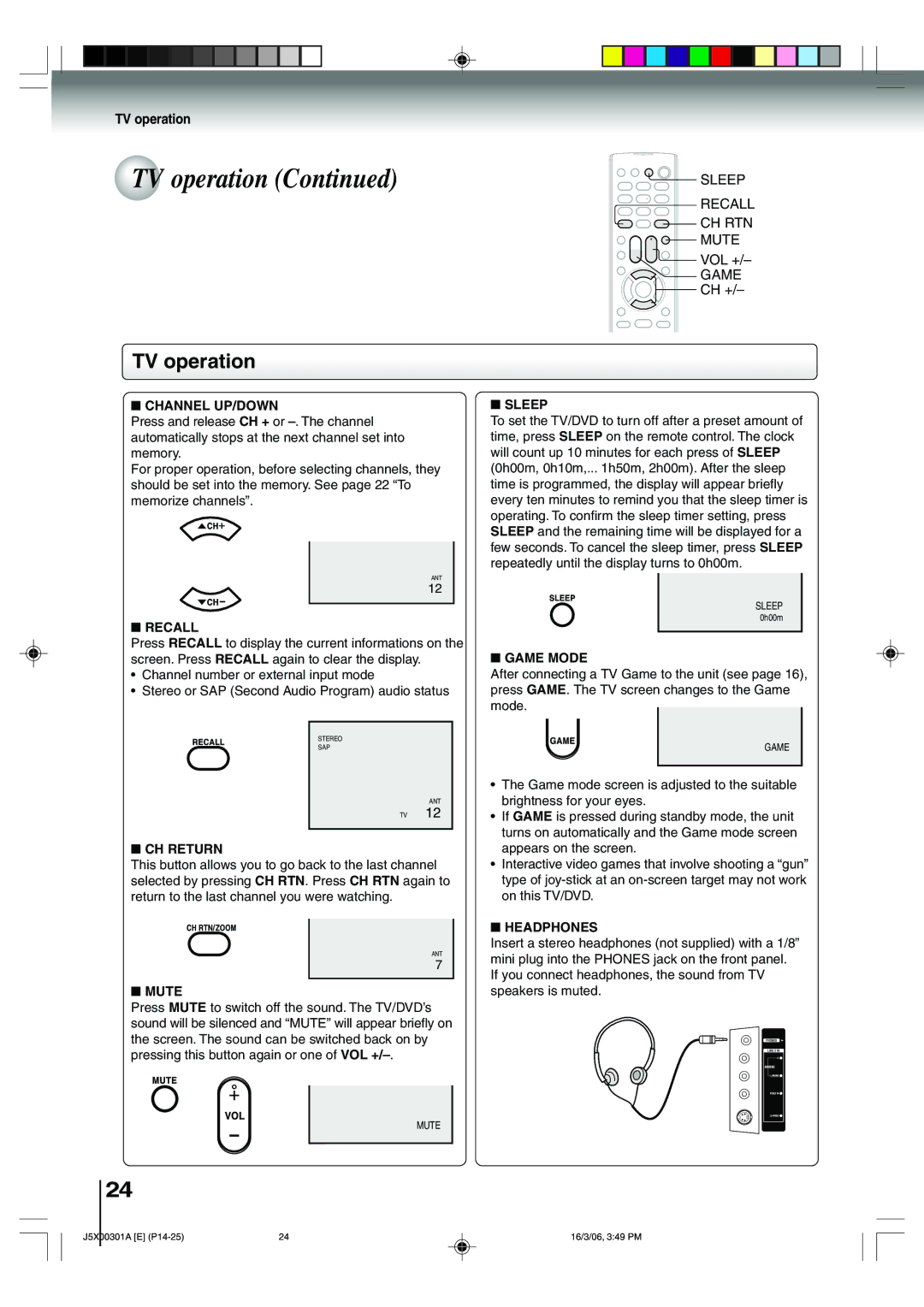 Toshiba 15DLV16 owner manual Channel UP/DOWN, Recall, CH Return, Mute, Sleep, Game Mode, Headphones 