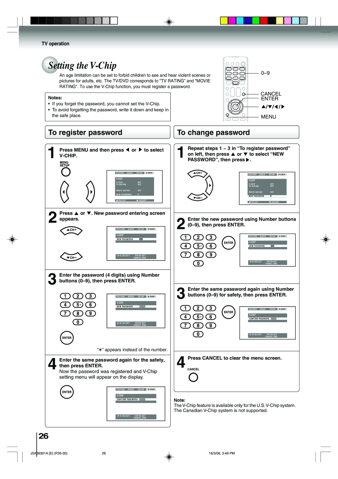 Toshiba 15DLV16 owner manual Setting the V-Chip, To register password, To change password 