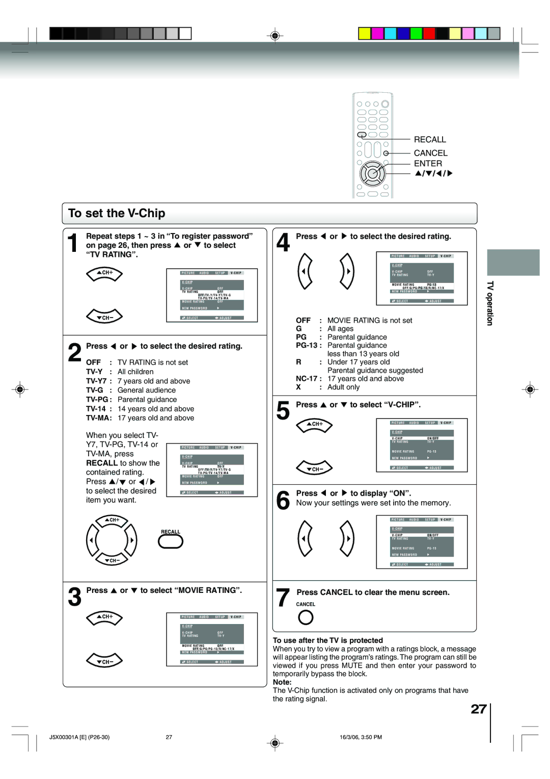 Toshiba 15DLV16 owner manual To set the V-Chip, Tv-Y, Tv-G, Tv-Ma 