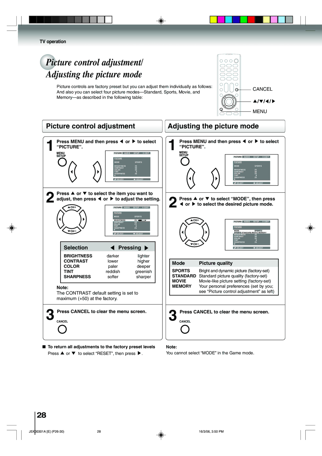 Toshiba 15DLV16 owner manual Picture control adjustment Adjusting the picture mode, Mode Picture quality 