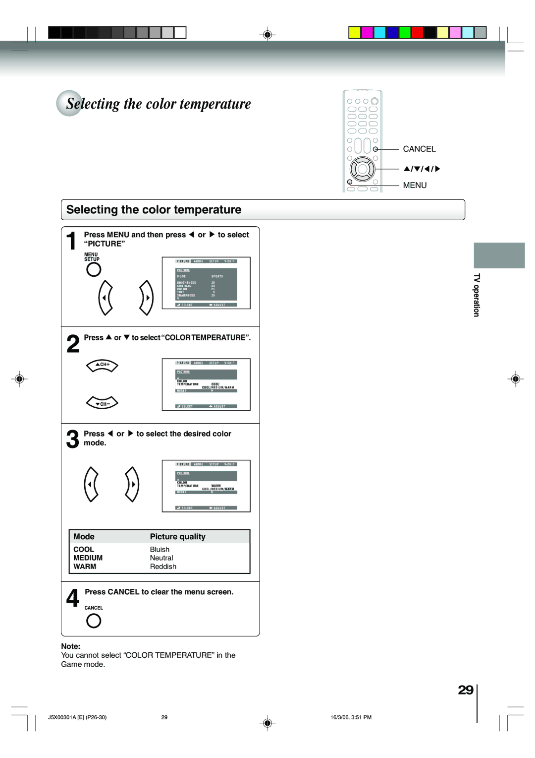 Toshiba 15DLV16 owner manual Selecting the color temperature, Press or to select Color Temperature 