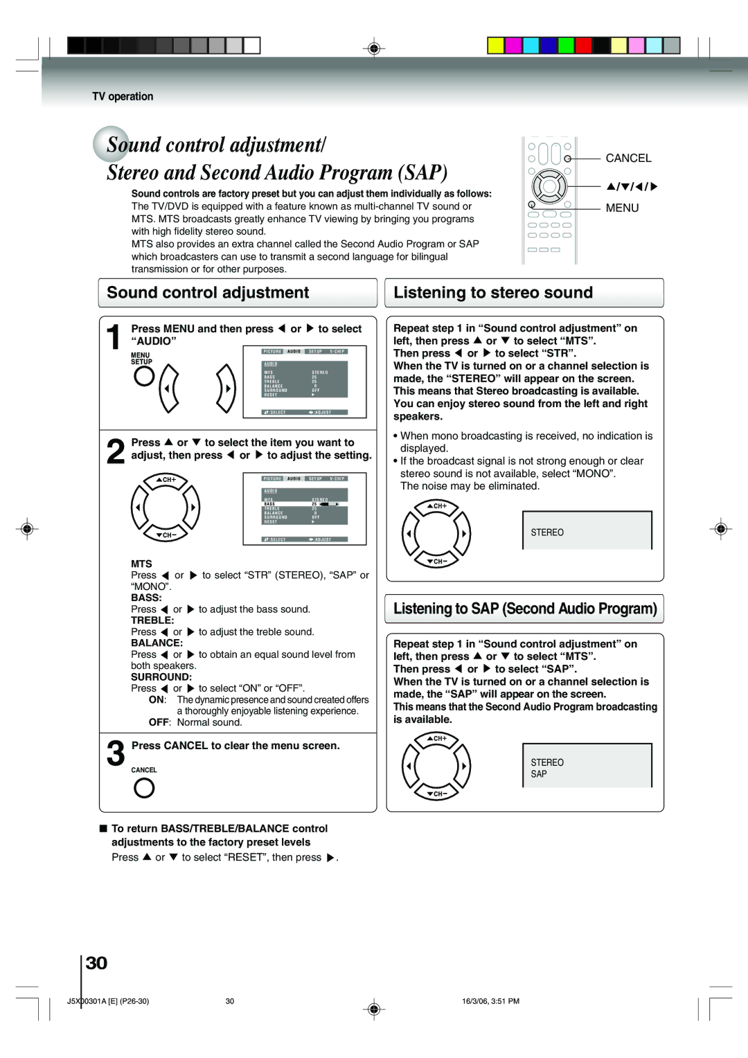 Toshiba 15DLV16 owner manual Sound control adjustment, Listening to stereo sound, Listening to SAP Second Audio Program 