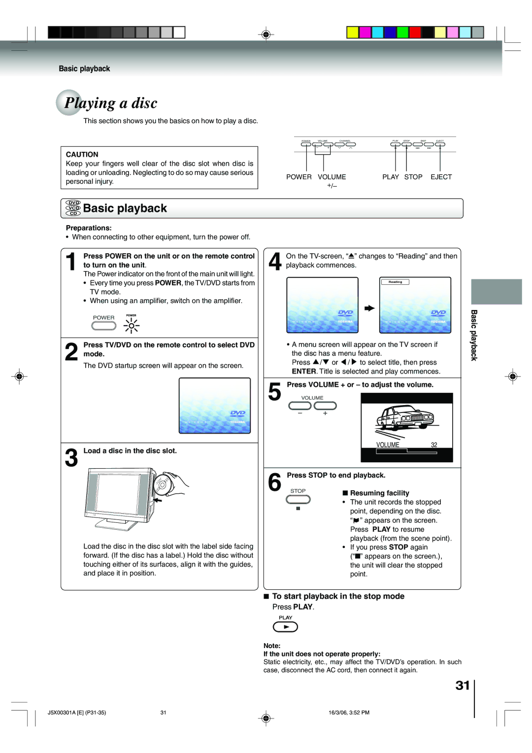 Toshiba 15DLV16 owner manual Playing a disc, Vcdcd Basic playback, To start playback in the stop mode 