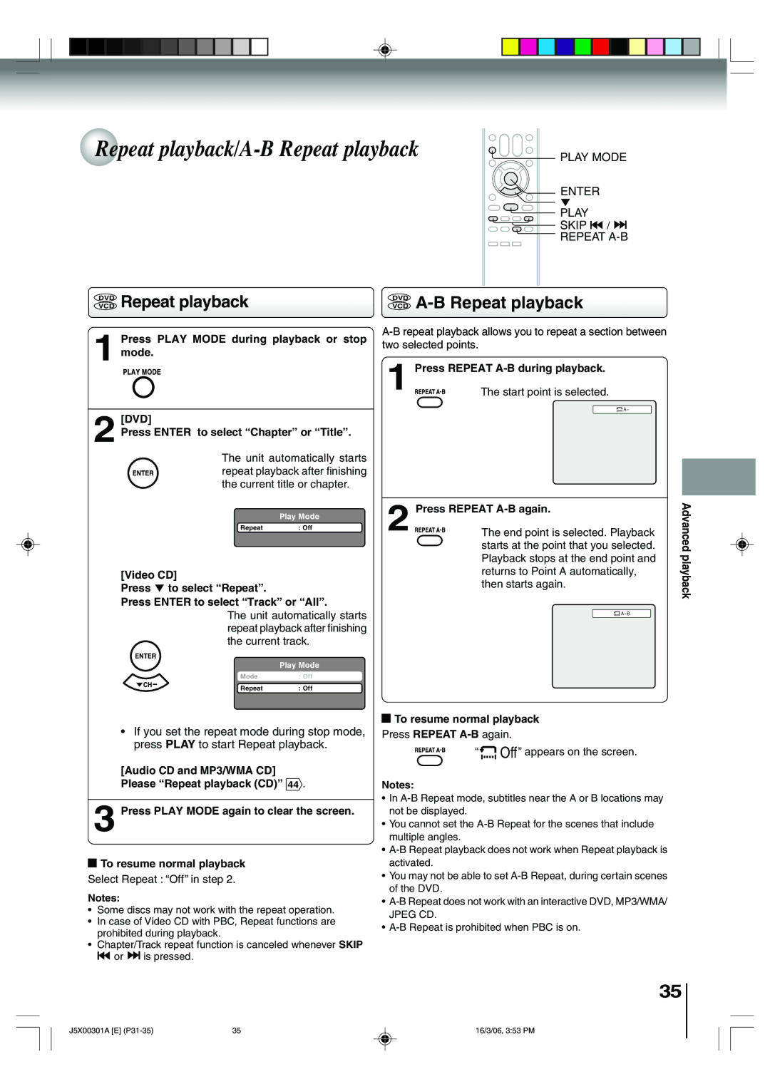 Toshiba 15DLV16 owner manual Repeat playback/A-B Repeat playback, Dvdvcd Repeat playback, VCD A-B Repeat playback 