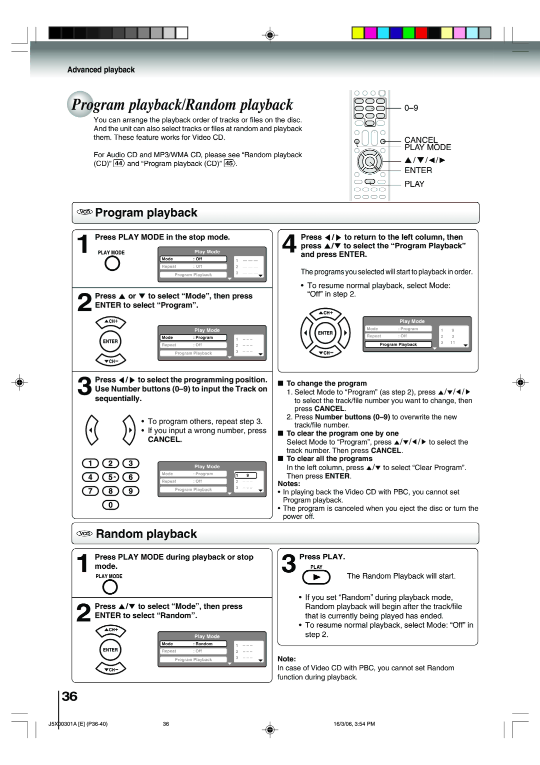 Toshiba 15DLV16 owner manual Program playback/Random playback, VCD Program playback, VCD Random playback 