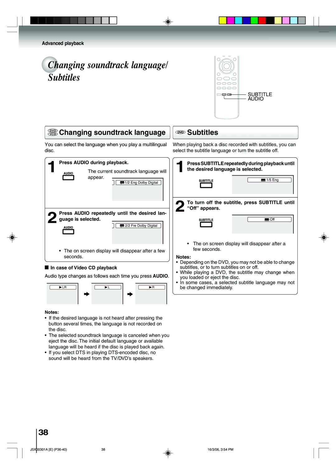 Toshiba 15DLV16 DVD VCD Changing soundtrack language Subtitles, Press Audio during playback, Case of Video CD playback 