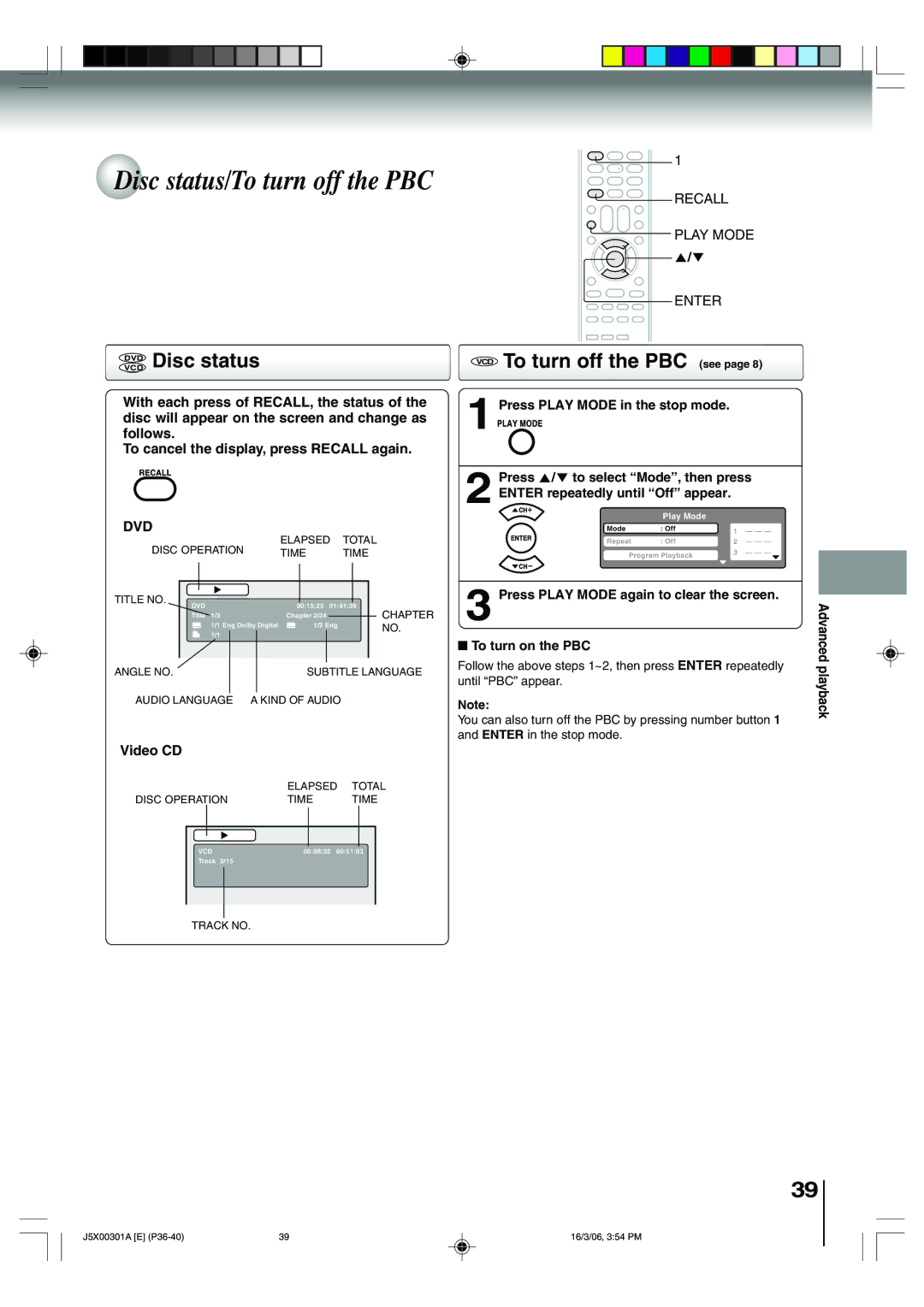 Toshiba 15DLV16 owner manual Disc status/To turn off the PBC, Dvdvcd Disc status, VCD To turn off the PBC see, Video CD 