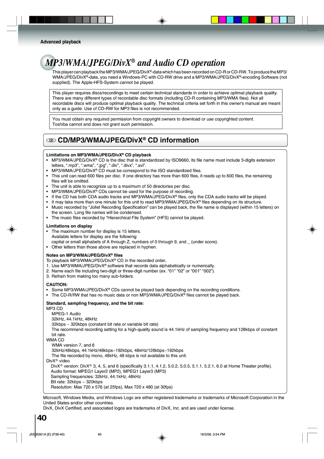 Toshiba 15DLV16 MP3/WMA/JPEG/DivX and Audio CD operation, CD CD/MP3/WMA/JPEG/DivX CD information, Limitations on display 