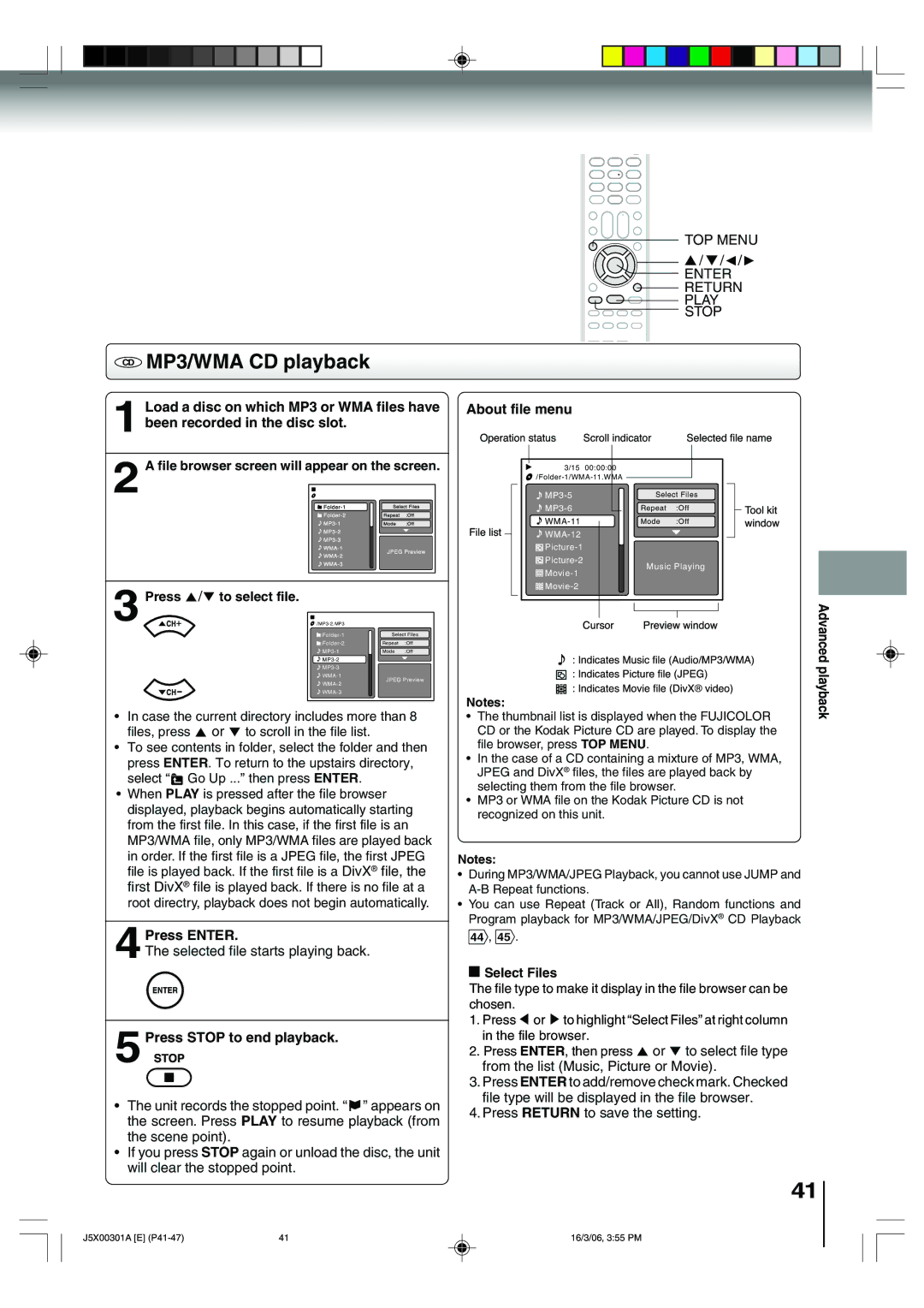 Toshiba 15DLV16 owner manual CD MP3/WMA CD playback, About file menu, 4Press Enter, 5Press Stop to end playback 