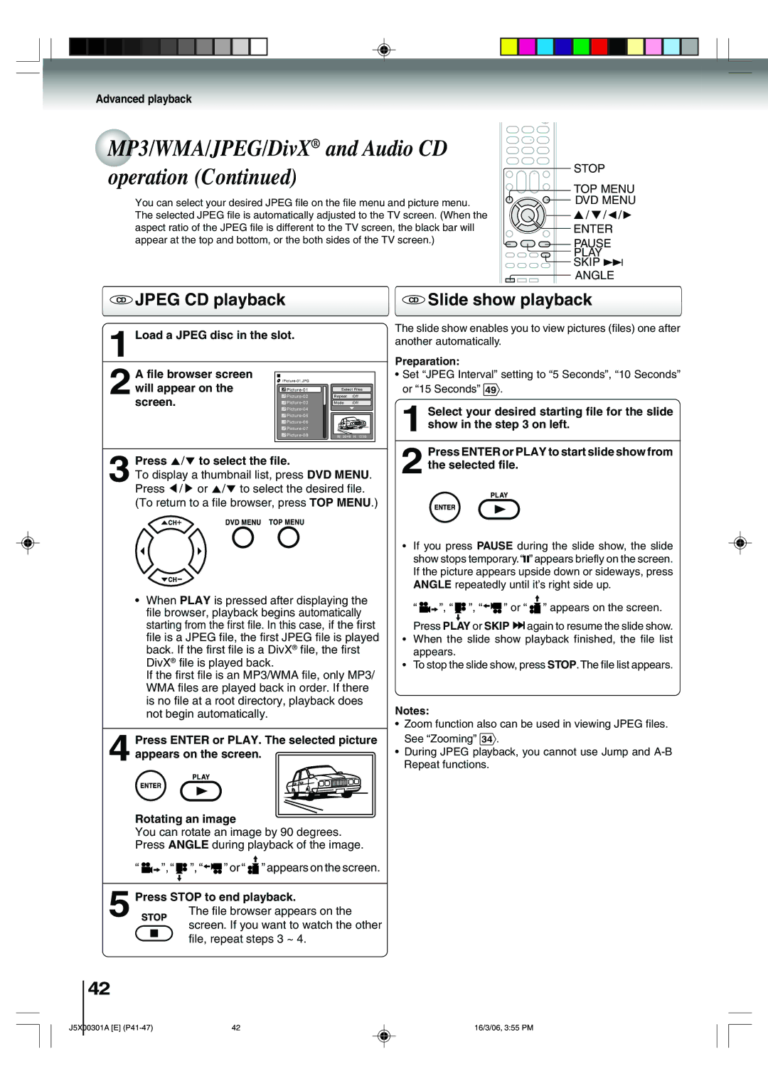 Toshiba 15DLV16 CD Jpeg CD playback CD Slide show playback, Load a Jpeg disc in the slot, Press Stop to end playback 