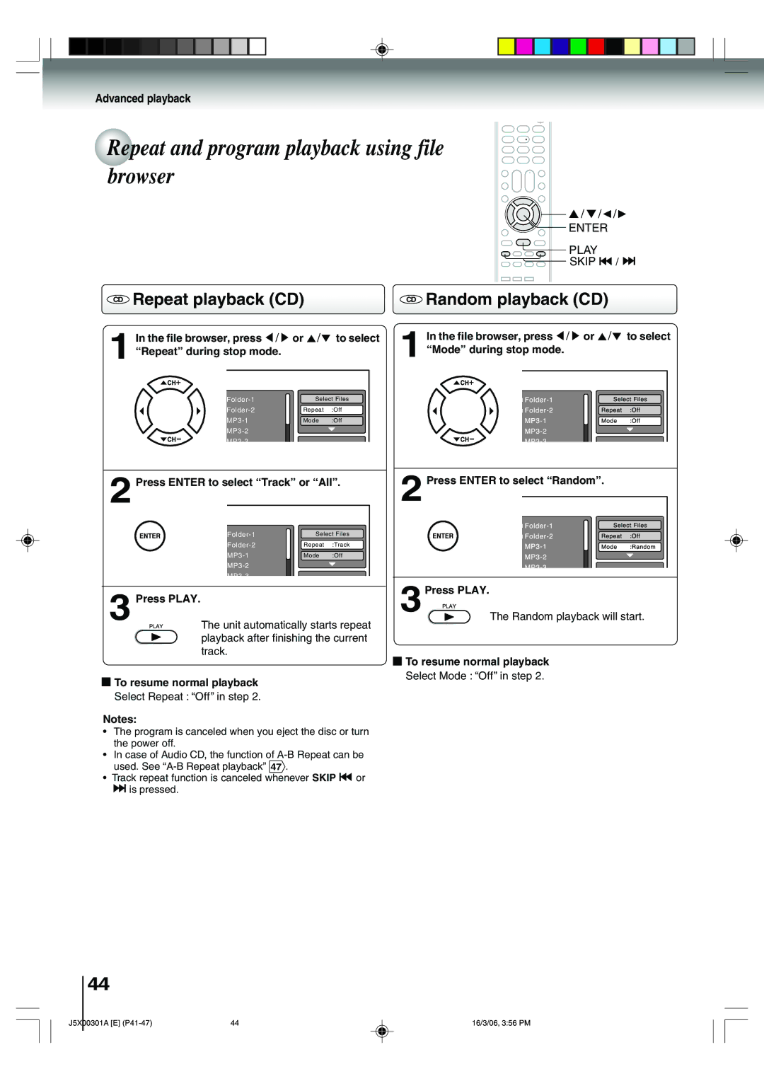 Toshiba 15DLV16 owner manual Repeat and program playback using file browser, CD Repeat playback CD, 3Press Play 