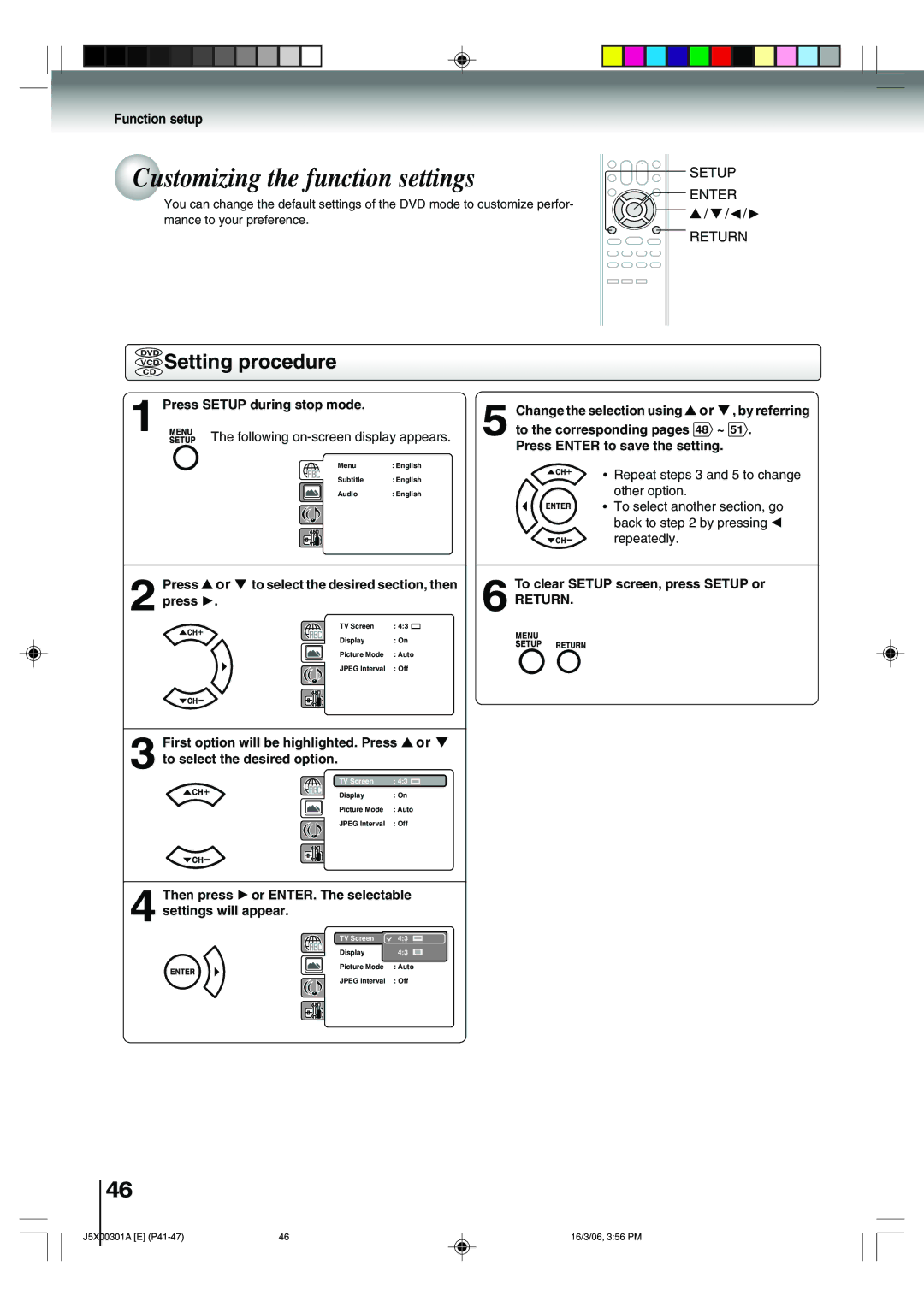 Toshiba 15DLV16 owner manual Customizing the function settings, VCD Setting procedure, Function setup, Return 