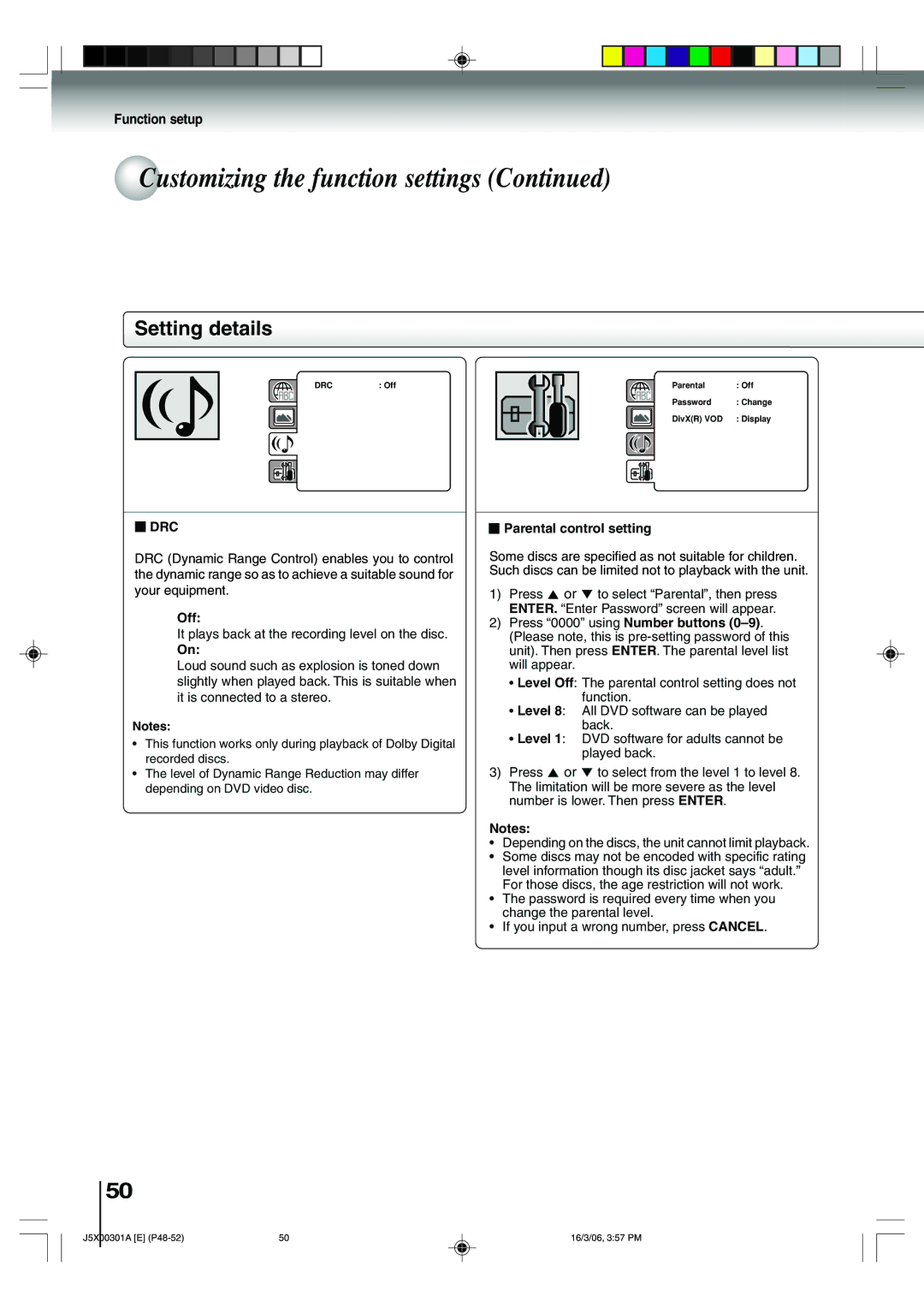 Toshiba 15DLV16 owner manual Drc, Parental control setting 