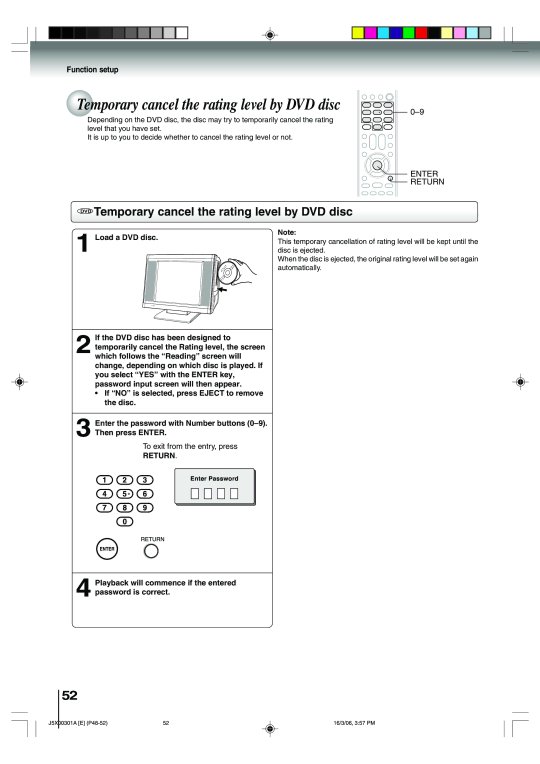 Toshiba 15DLV16 DVD Temporary cancel the rating level by DVD disc, Then press Enter, To exit from the entry, press 