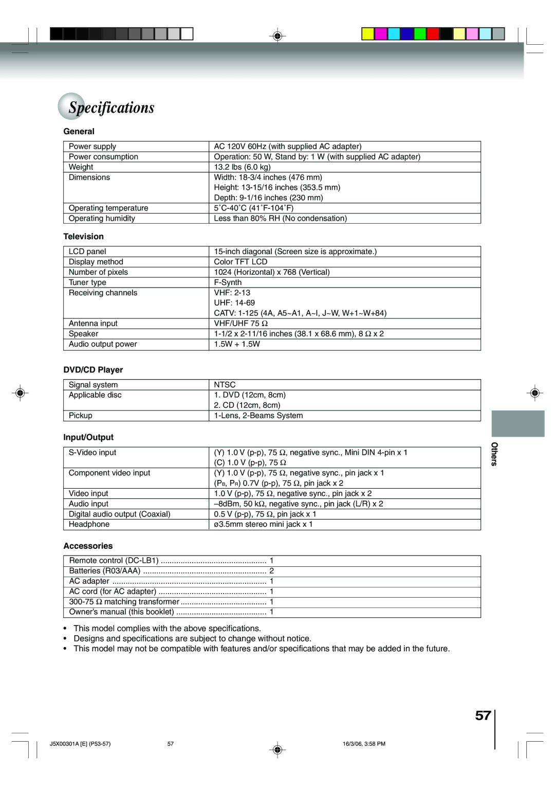 Toshiba 15DLV16 owner manual Specifications 