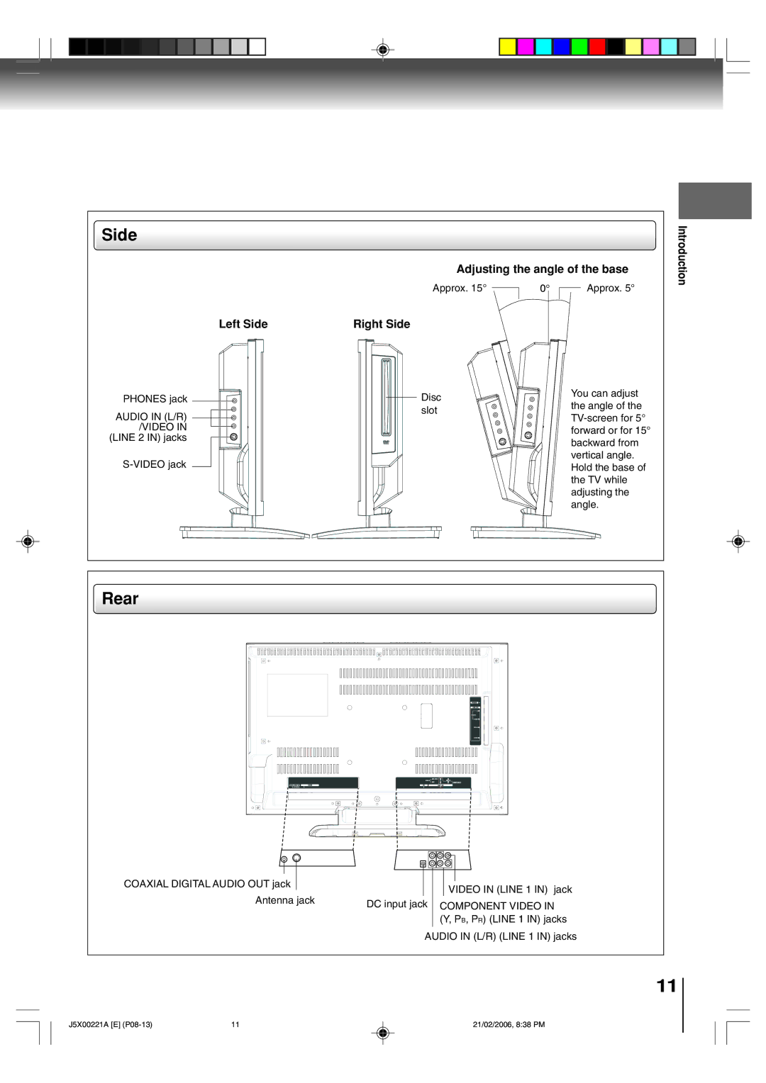 Toshiba 15DLV76 owner manual Rear, Adjusting the angle of the base, Left Side Right Side 