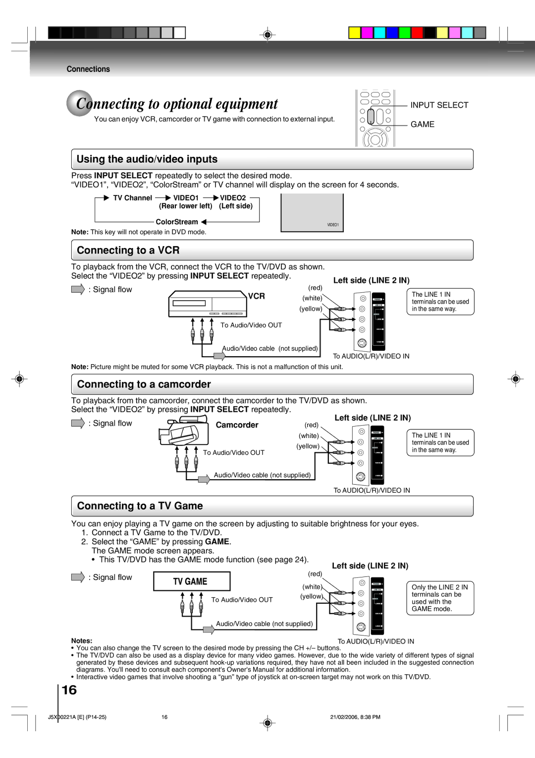 Toshiba 15DLV76 owner manual Connecting to optional equipment, Left side Line 2, Vcr, Camcorder, VIDEO1 VIDEO2 