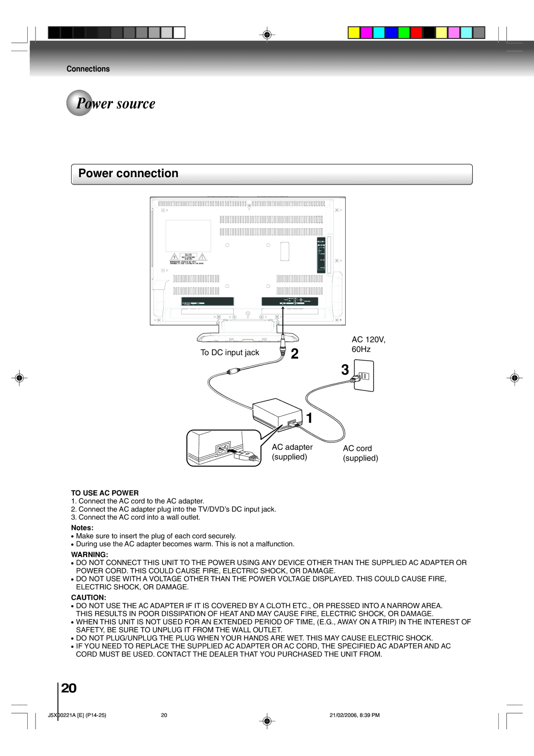 Toshiba 15DLV76 owner manual Power source, Power connection, To USE AC Power 