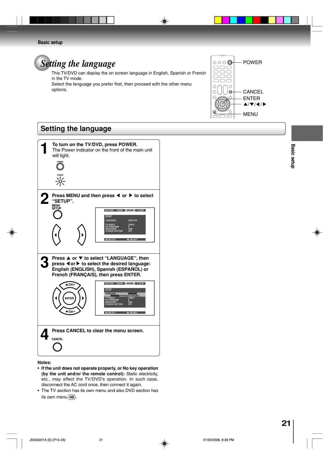 Toshiba 15DLV76 owner manual Setting the language, Basic setup 