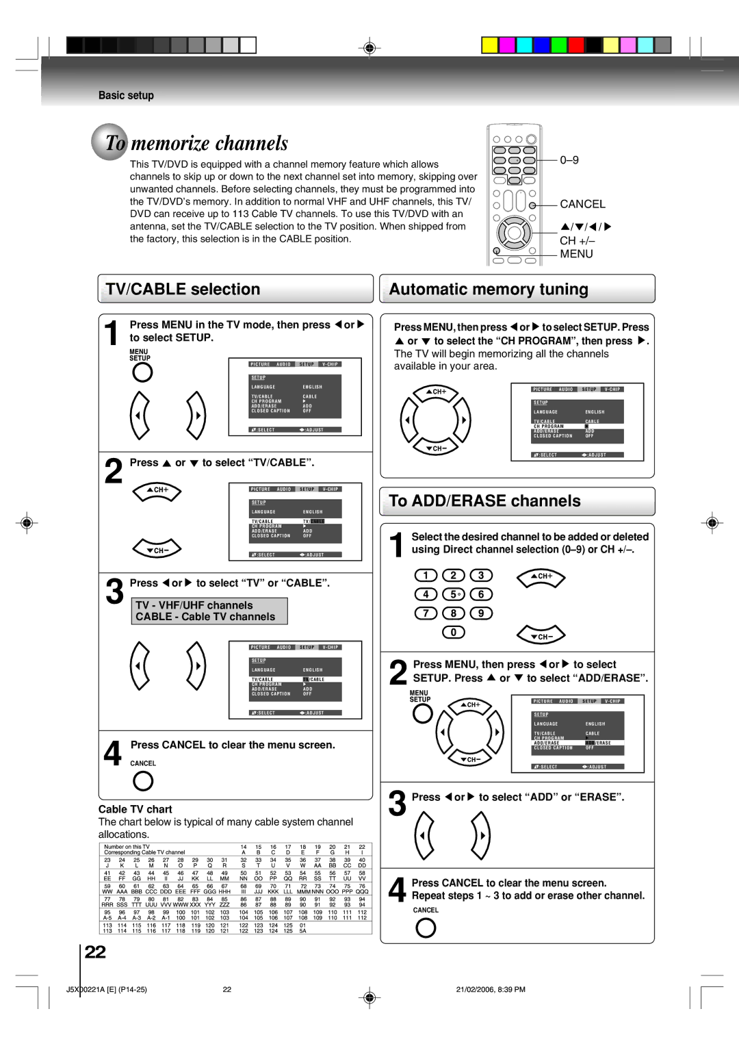 Toshiba 15DLV76 owner manual To memorize channels, TV/CABLE selection, Automatic memory tuning, To ADD/ERASE channels 