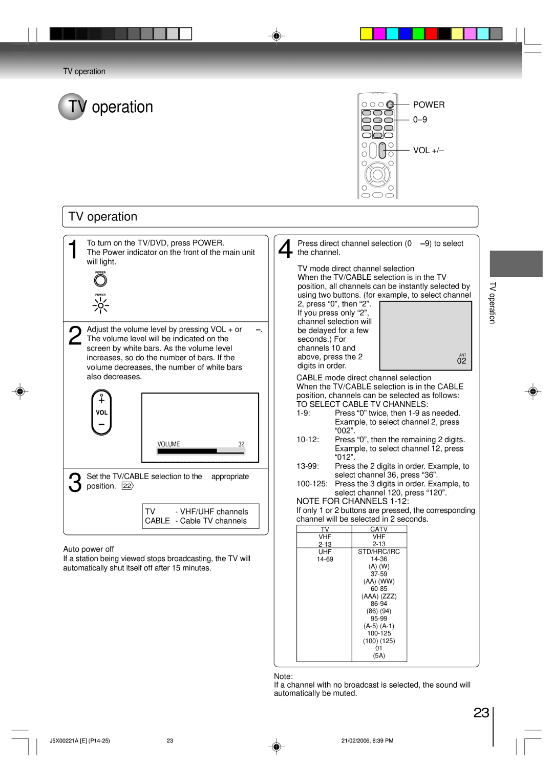 Toshiba 15DLV76 owner manual TV operation, Set the TV/CABLE selection to the appropriate position 