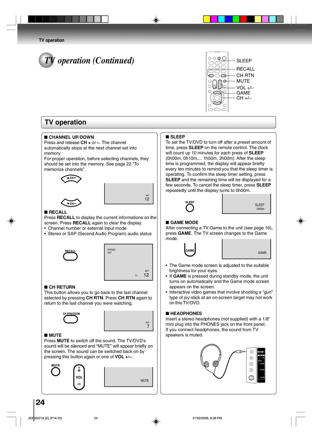 Toshiba 15DLV76 owner manual Channel UP/DOWN, Recall, CH Return, Mute, Sleep, Game Mode, Headphones 