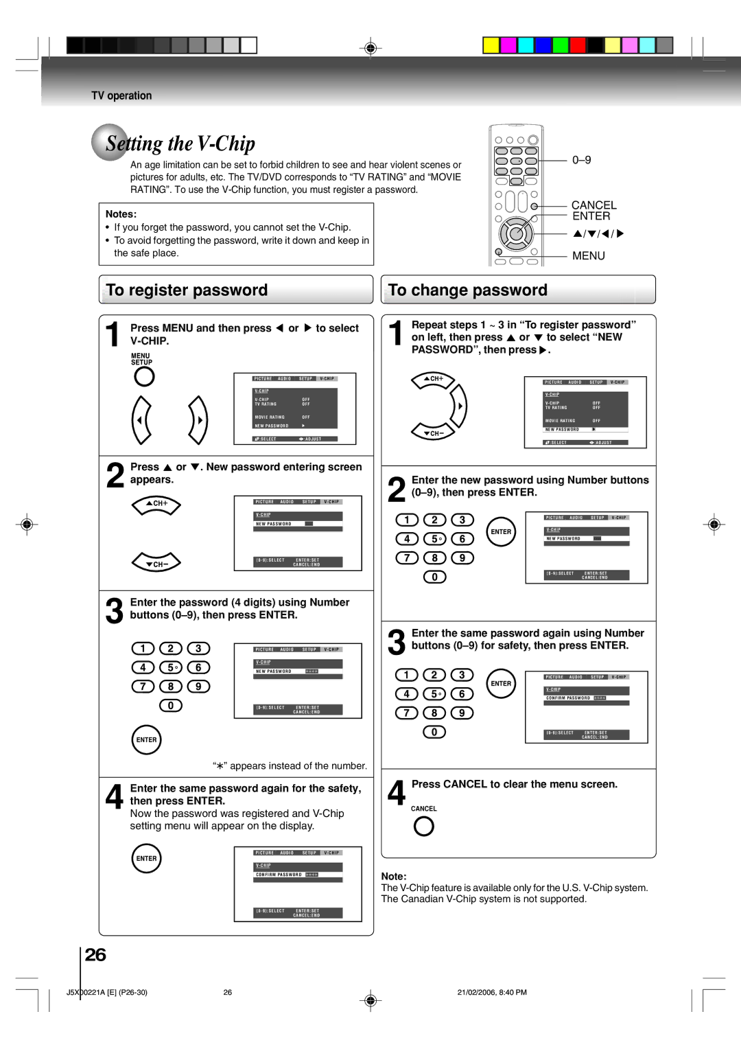 Toshiba 15DLV76 owner manual Setting the V-Chip, To register password, To change password 